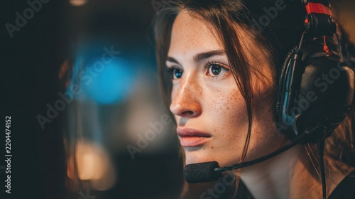 Woman with headset looking focused close up