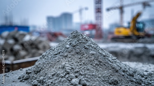 Pile of construction material buildings and cranes in background