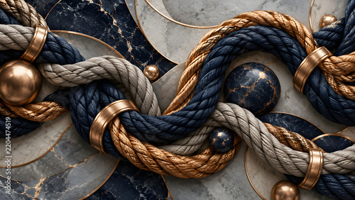 Navy Blue and Copper Braided Rope Loops on Geometric Marble Background
