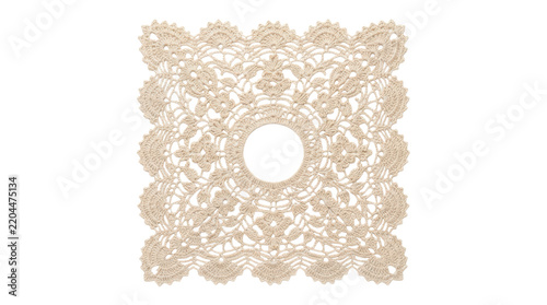 Square Beige Crochet Lace Doily with Open Center on White Background