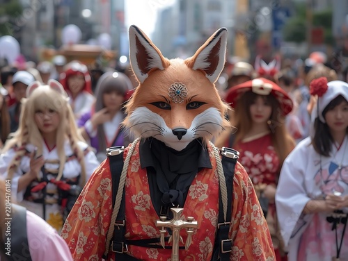 Person in fox mask and kimono at a Halloween cosplay street parade in Tokyo with blurred crowd