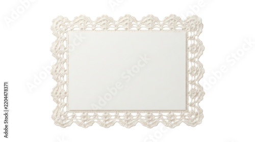 Blank rectangular paper card with intricate white crocheted lace border on solid white background