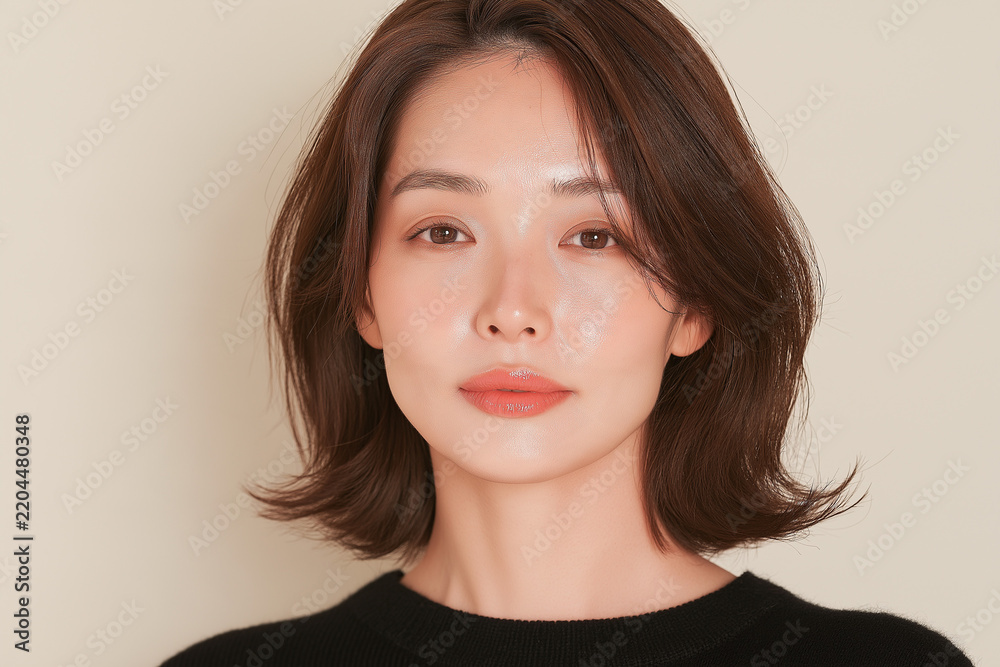 Fototapeta premium 日本人, 女性, 50代, 40代, ミドル, シニア, 美容, スキンケア, エイジングケア, 健康, ライフスタイル, 美人, ナチュラル, 清潔感, 透明感, 白背景, コピースペース, 広告素材, 信頼感, 微笑み, ウェルビーイング, 上半身, 視線, ポニーテール, 化粧品, エステ, 自己肯定感, オーセンティック, ポジティブエイジング, 日本, ウェルエイジング, サプリメント,