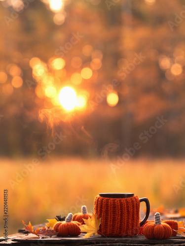 hot tea mug on a wooden table in an autumn forest at sunset. Maple yellow leaves and knitted pumpkins. Autumn greeting card with copy space.