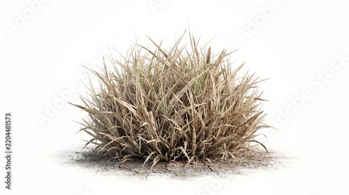 Dry grass tuft featuring pale beige blades and coarse texture rests isolated on a plain white background.