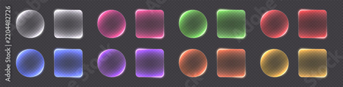 Transparent glass buttons, colorful clear banners. Glowing futuristic interface templates for web design. Vector illustration.