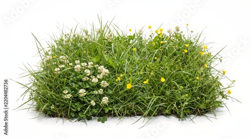 Lawn patch featuring green grass, white clover blossoms, and small yellow wildflowers on a white studio background.