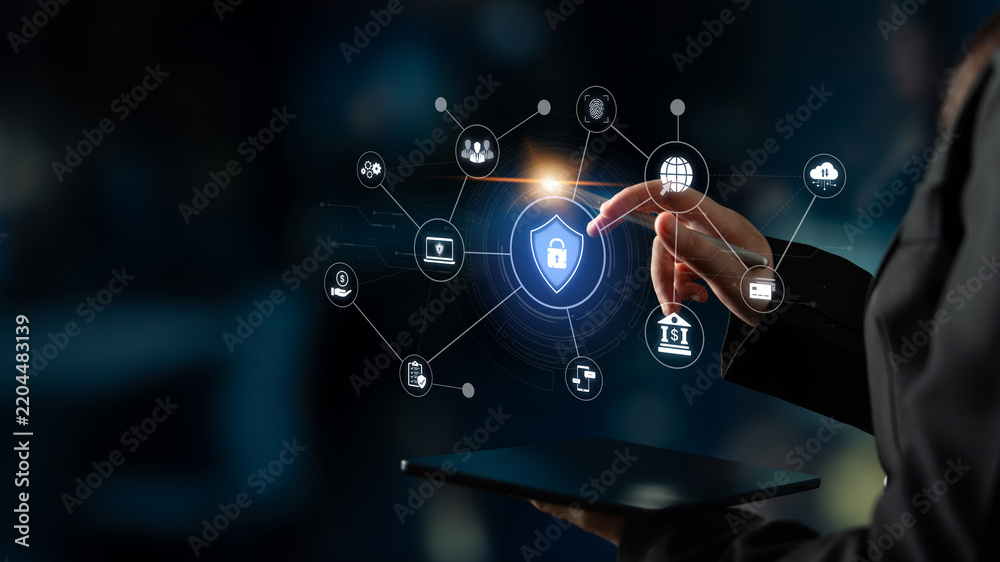Obraz premium A complete cybersecurity system concept. Providing network protection for online banking, cloud data, financial transactions, and personal identity with secure authentication. Fermion