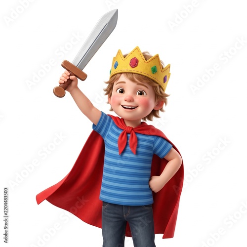 a boy wearing a crown and cape, holding a toy sword, representing imaginative play, 3D illustration, Children's Day