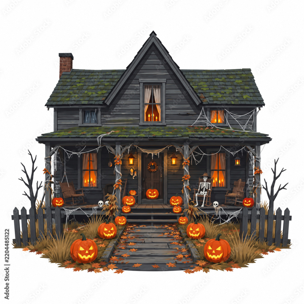 Obraz premium Halloween Haunted House with Glowing Carved Pumpkins, Cobwebs, Skkeletons, and Autumn Fallen Leaves Vector Illustration