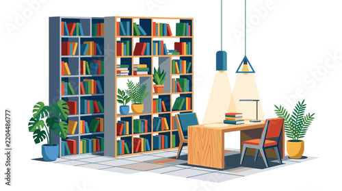 Modern Home Office Illustration with Bookshelves and Plants