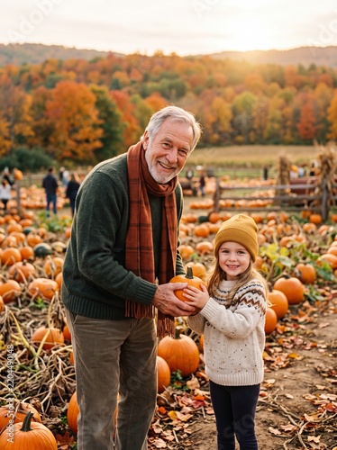 Grandfather and Granddaughter Picking Pumpkin at Autumn Farm