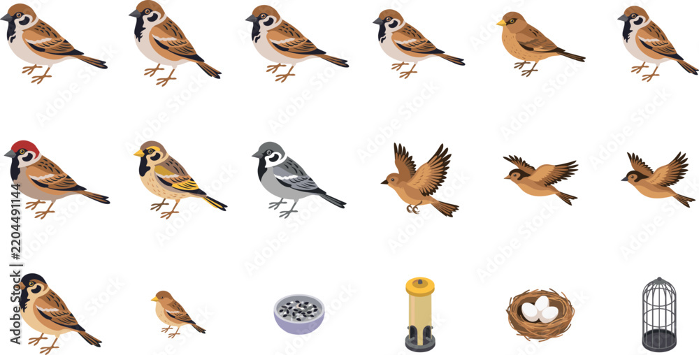 Fototapeta premium Cute sparrow bird vector illustration set featuring small brown avians nest eggs feeder and cage isolated on white background.