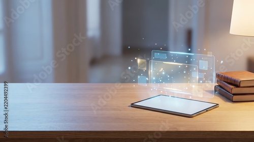 Digital learning visual depicting luminous holographic ai teacher assistant hologram floating above touchscreen tablet in contemporary classroom study space.