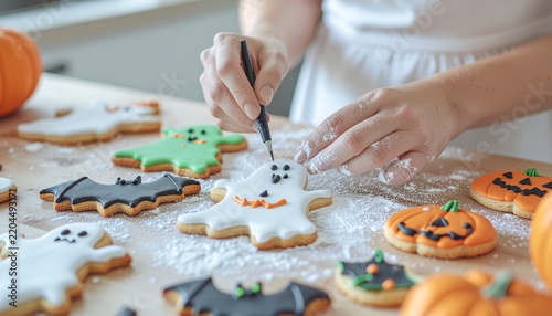 Homemade Halloween Cookies Being Decorated with Colorful Icing in Cozy Kitchen