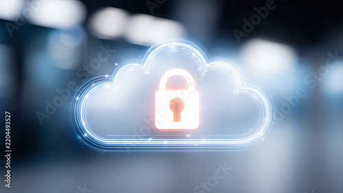 A cloud with a padlock represents secure cloud storage data protection and digital privacy.
