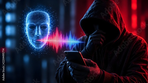 Anonymous hacker using smartphone for voice cloning and deepfake audio synthesis to execute identity theft