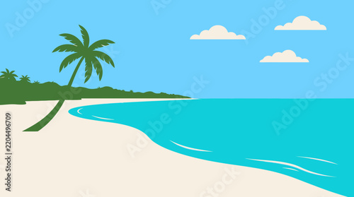 Minimalist Flat Vector Illustration of a Tropical Beach with Coconut Palm Tree and Turquoise Ocean