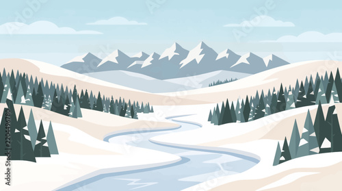 Serene Winter Landscape Vector Illustration with Snow Capped Mountains Pine Forest and Winding River