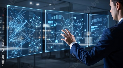 Professional businessman interacting with glowing blue futuristic holographic digital data interface