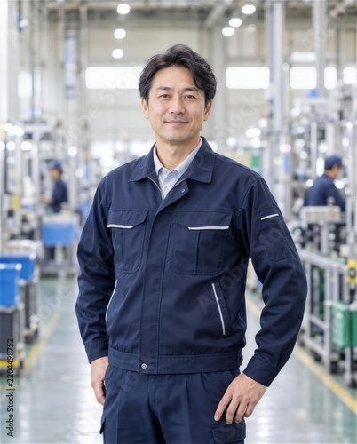 製造ラインの通路で微笑む紺色の作業服の男性