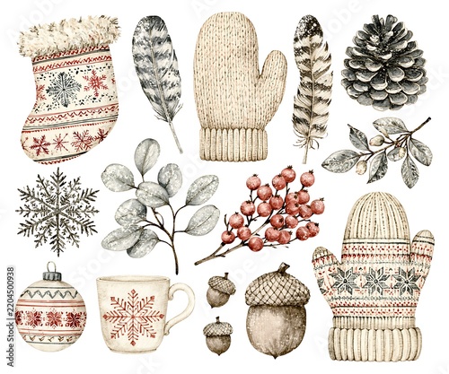 Cozy Winter Watercolor Elements Set for Christmas Decorations and Holiday Design
