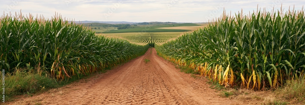 Obraz premium Rural dirt road between corn fields with rows of crops and rolling farmland landscape