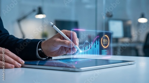Businessman using digital stylus to interact with glowing financial charts