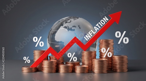 Red inflation arrow rising sharply over stacked bronze metallic coins