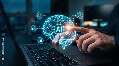 Digital human brain glowing with bright blue artificial intelligence circuit icons