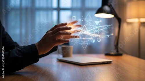 Professional hands interacting with glowing holographic geometric data floating above desk
