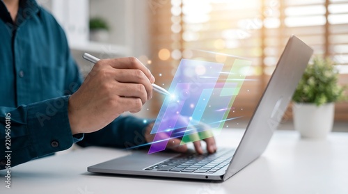 Professional using digital stylus pen interacting with colorful holographic data interface