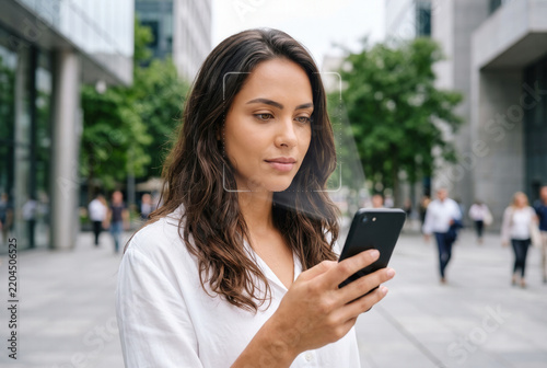 Woman Using a Smartphone with a Facial Recognition Overlay