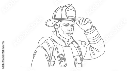 Firefighter in uniform, line art, isolated