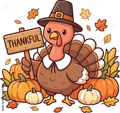 Cute pilgrim turkey holding thankful wooden sign surrounded by pumpkins and corn with thanksgiving thankful seasonal celebration november