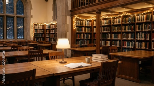 An inviting and serene university library study area filled with books, tables, and a warm lamp.
