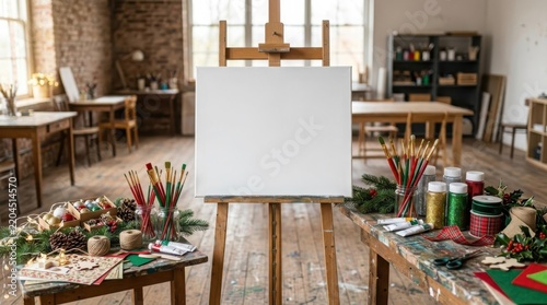 Blank canvas on an art easel in a bright, rustic studio with art supplies and holiday decor