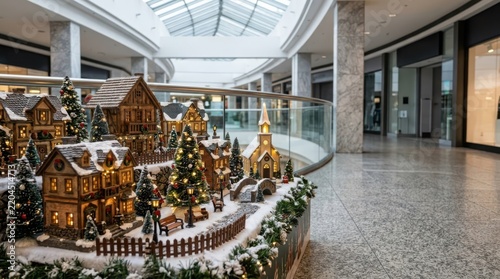 Charming Christmas village display set up in a bright shopping mall interior