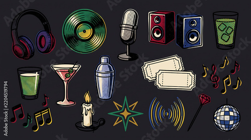 Retro party and music event icons set with vinyl and disco ball