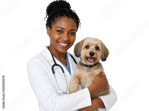 Smiling female veterinarian holding a small cute dog isolated background.