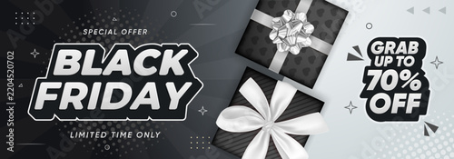 Black Friday sale web banner for seasonal discounts with realistic gift boxes