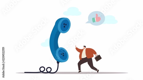 Businessman running towards a giant telephone with positive feedback thumbs up