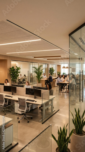 corporate office interior featuring a spacious open-plan layout, elegant glass partitions, rows of contemporary workstations, and abundant indoor greenery. Professionals are distributed naturally 
