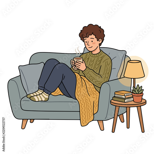 Cozy Man with Coffee Relaxing on Sofa with Blanket and Side Table