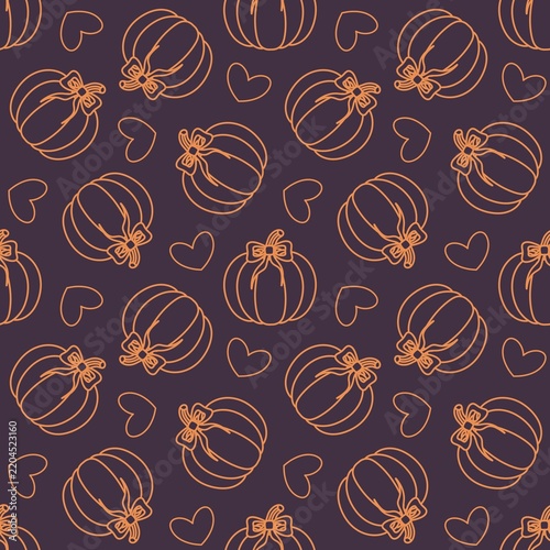 Seamless pattern of orange pumpkins and doodle-style hearts on a purple background.