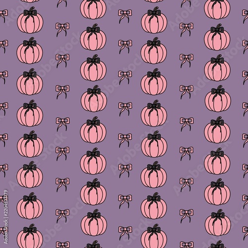 Seamless pattern with pumpkins and bows on a purple background in coquette style