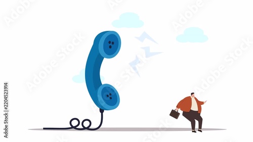 Businessman startled by giant ringing phone, symbolizing communication stress and overwhelming calls