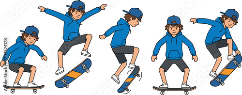 Bild auf Leinwand Young Skater Boy Vector Character Set Wearing Blue Hoodie and Cap Performing Ext
