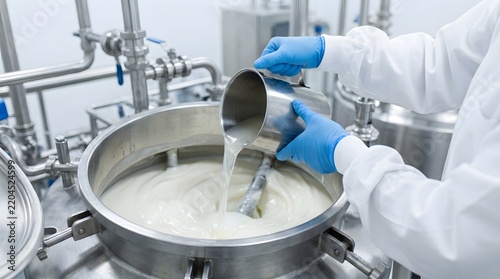 Worker pouring white cream into large industrial stainless steel mixer