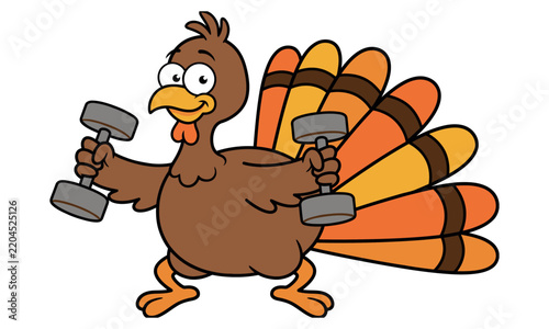 Happy cartoon Thanksgiving turkey exercising with dumbbells isolated on white background
